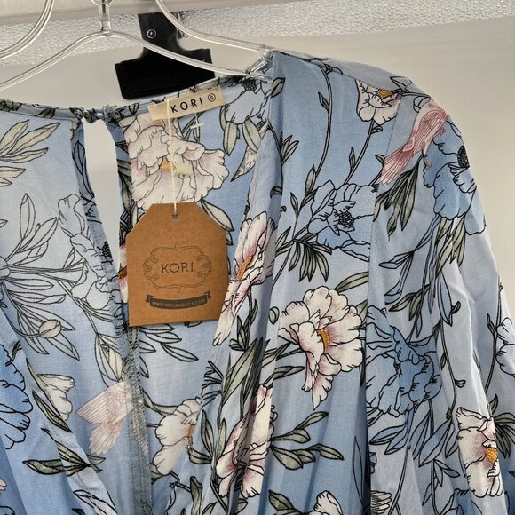 KORi Women's Floral Romper 3/4 Sleeve Blue/Multi Belted Size Small New - Picture 4 of 9